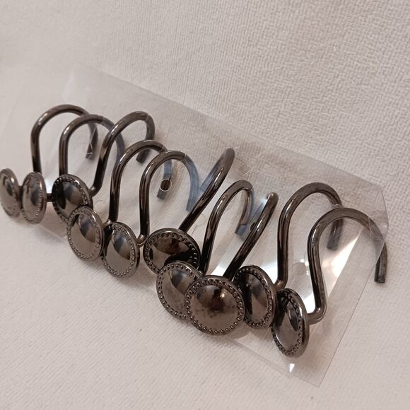 10 Shower Curtain Hooks LUXE Decor Button Style Polished Gunmetal Dark PRETTY! - Picture 3 of 14